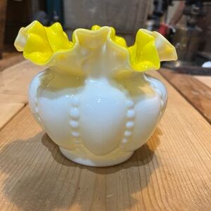 Vintage Fenton Yellow Overlay Milk Beaded Melon Rose Bowl Vase EUC